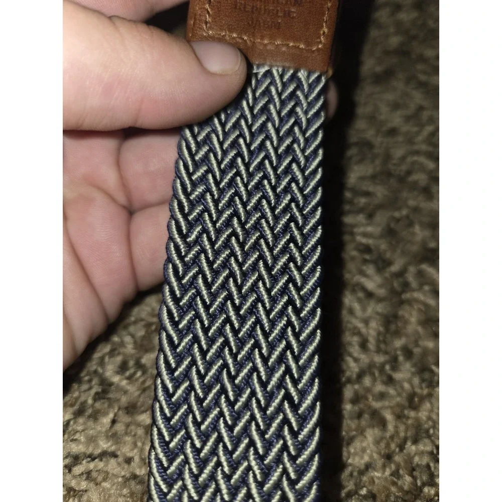 Tommy Bahama Men's Belt Size L Navy Braided Woven Stretch & Brown Leather